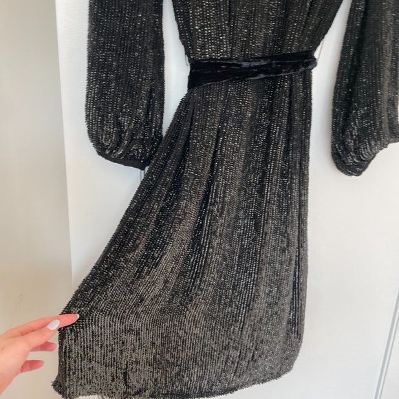 Retrofete Audrey Robe Dress Shiny Black Blue Sequins Wrap Style Midi Dress - Picture 14 of 16